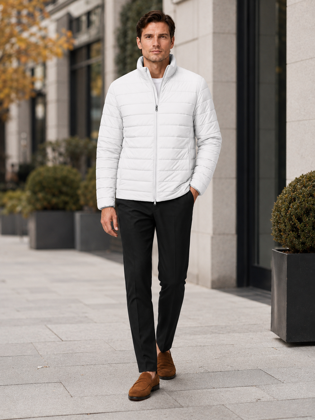 Men's puffer jacket – White lifestyle view – Edward & Lawsen