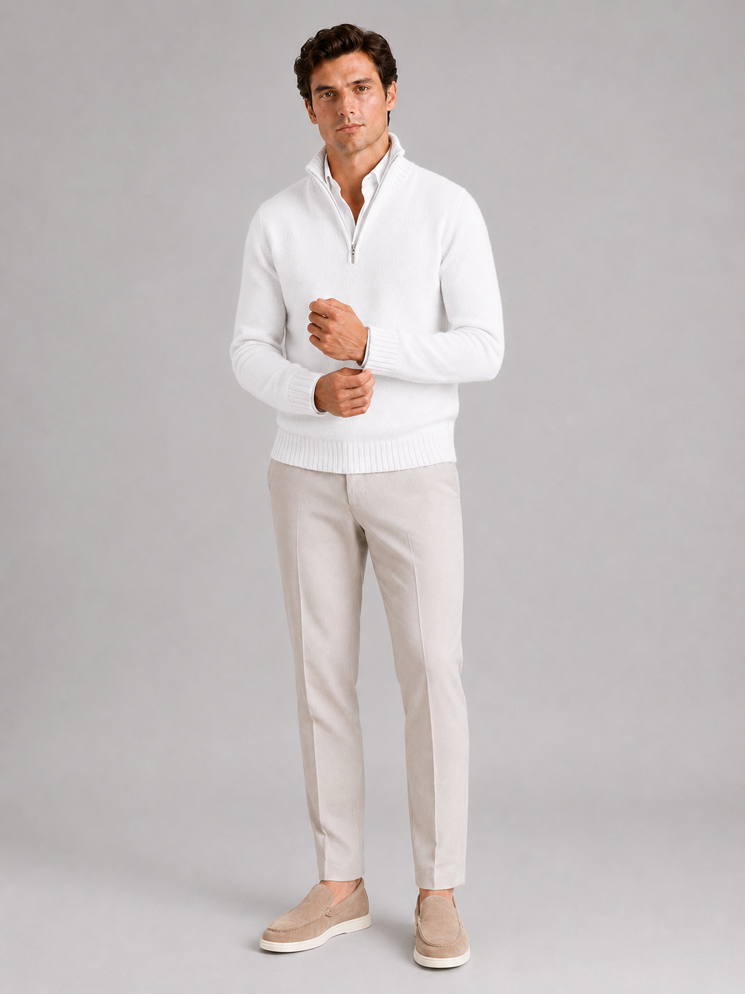 Men's half zip sweater – White full view – Edward & Lawsen