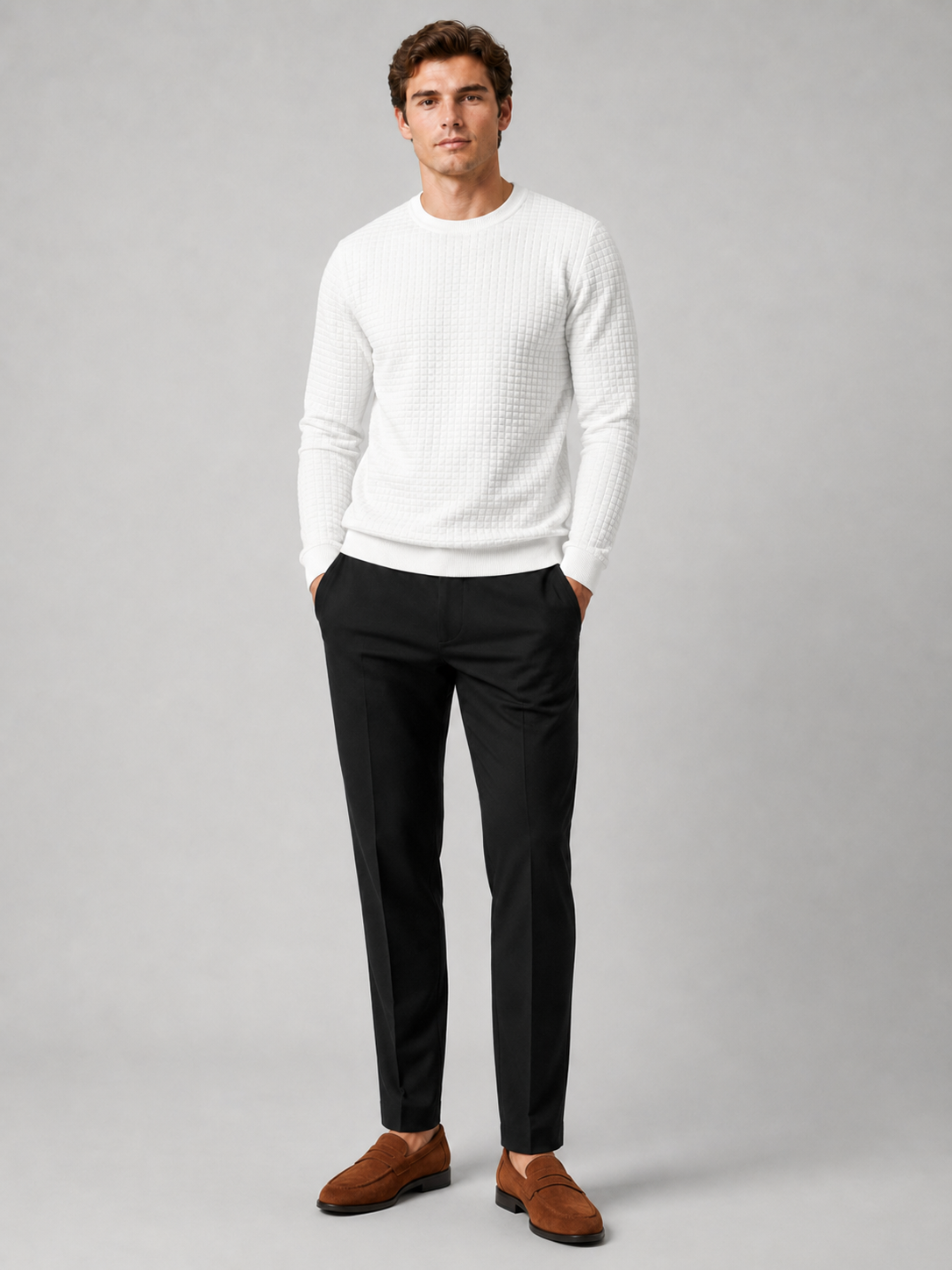 Men's jacquard crew neck sweater – White full view – Edward & Lawsen