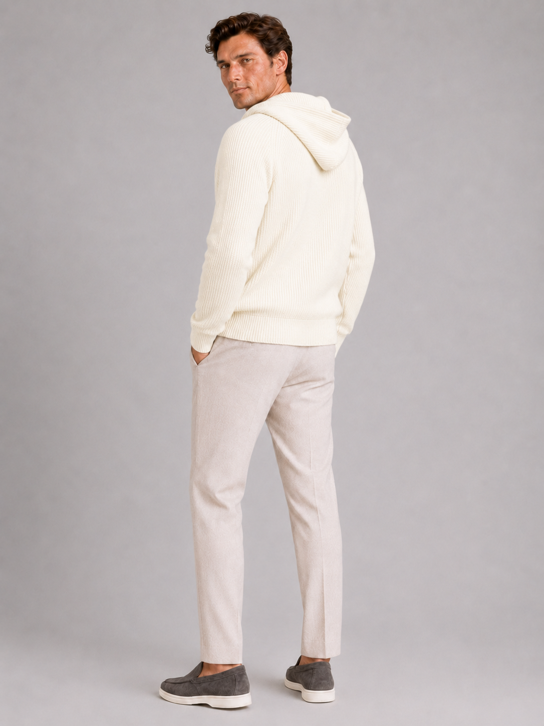 Men's merino wool zip hoodie cardigan – White back view – Edward & Lawsen