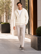 Men's merino wool zip hoodie cardigan – White lifestyle view – Edward & Lawsen