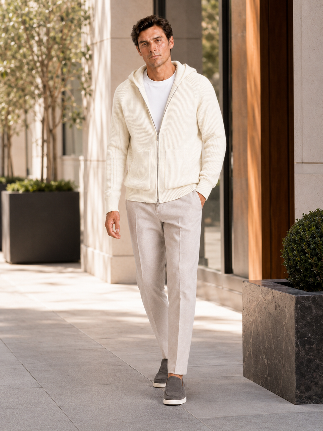 Men's merino wool zip hoodie cardigan – White lifestyle view – Edward & Lawsen
