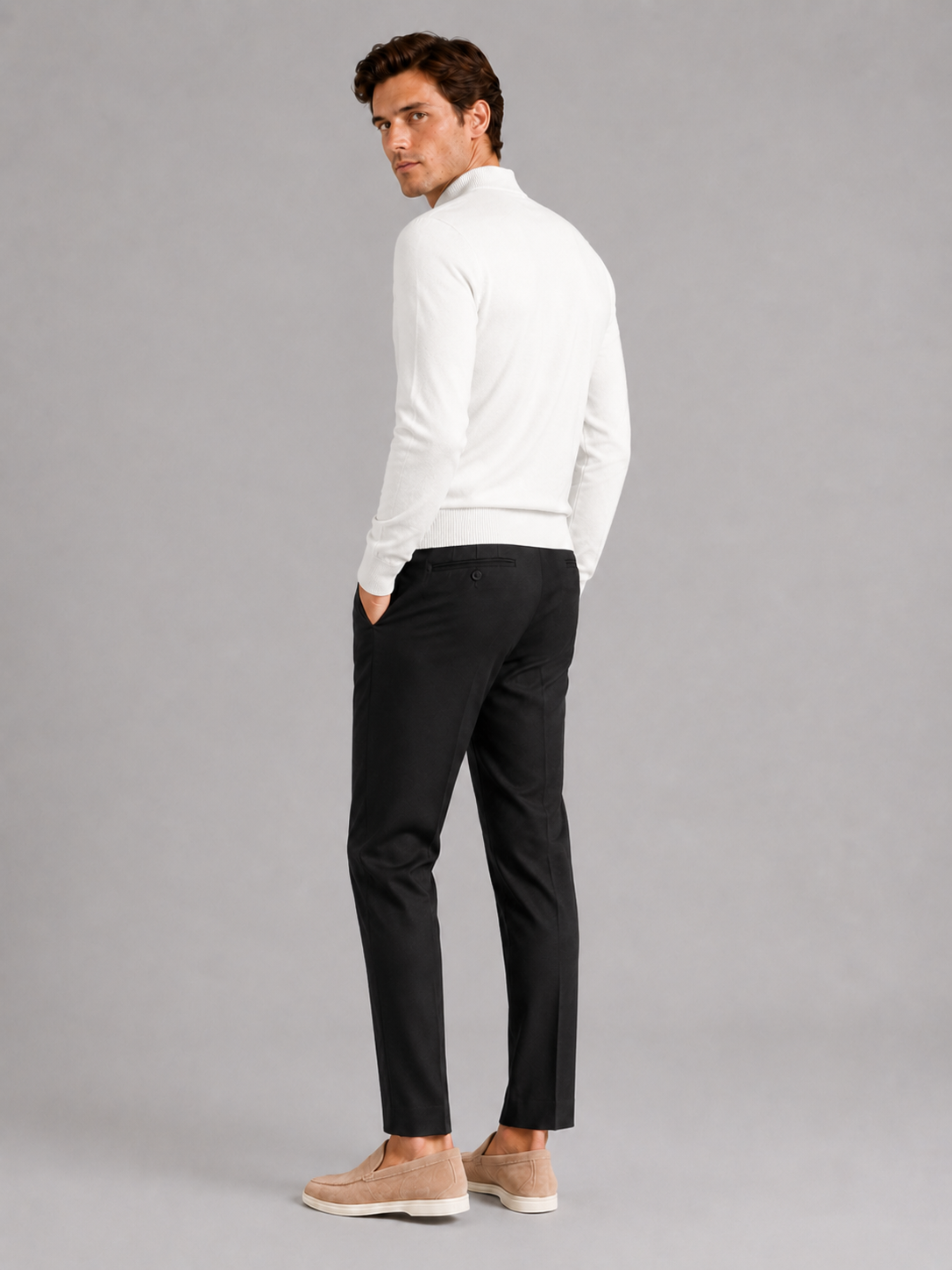 Men's slim fit mock neck sweater – White back view – Edward & Lawsen