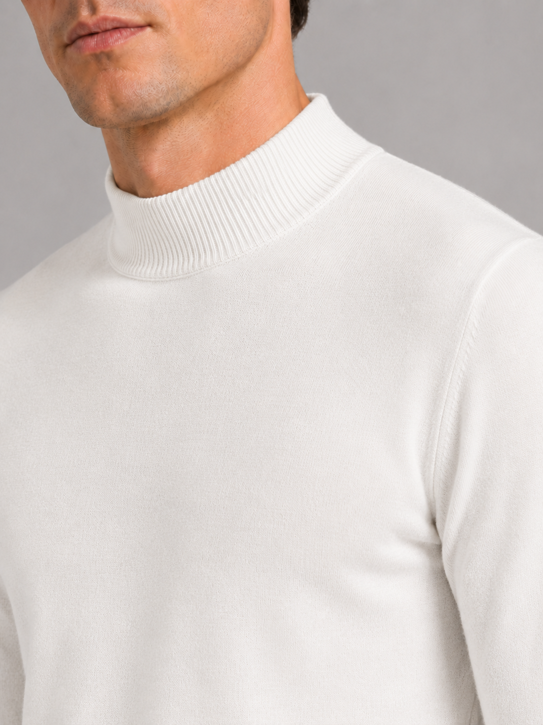 Men's slim fit mock neck sweater – White detail view – Edward & Lawsen