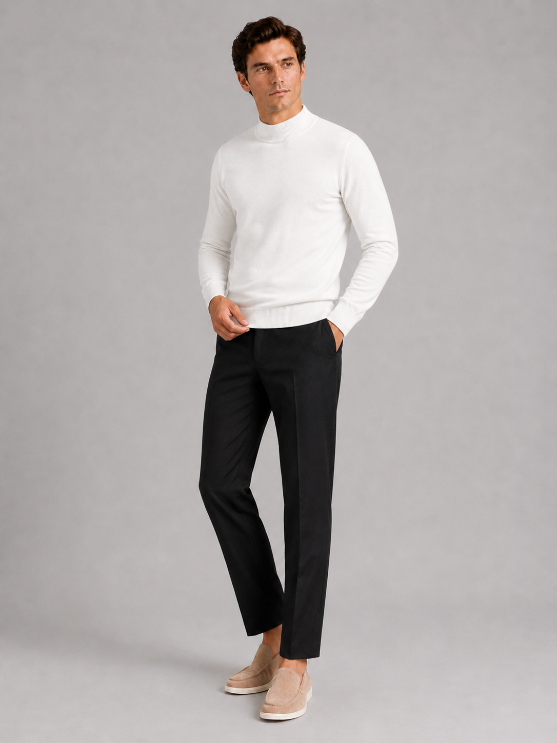 Men's slim fit mock neck sweater – White full view – Edward & Lawsen