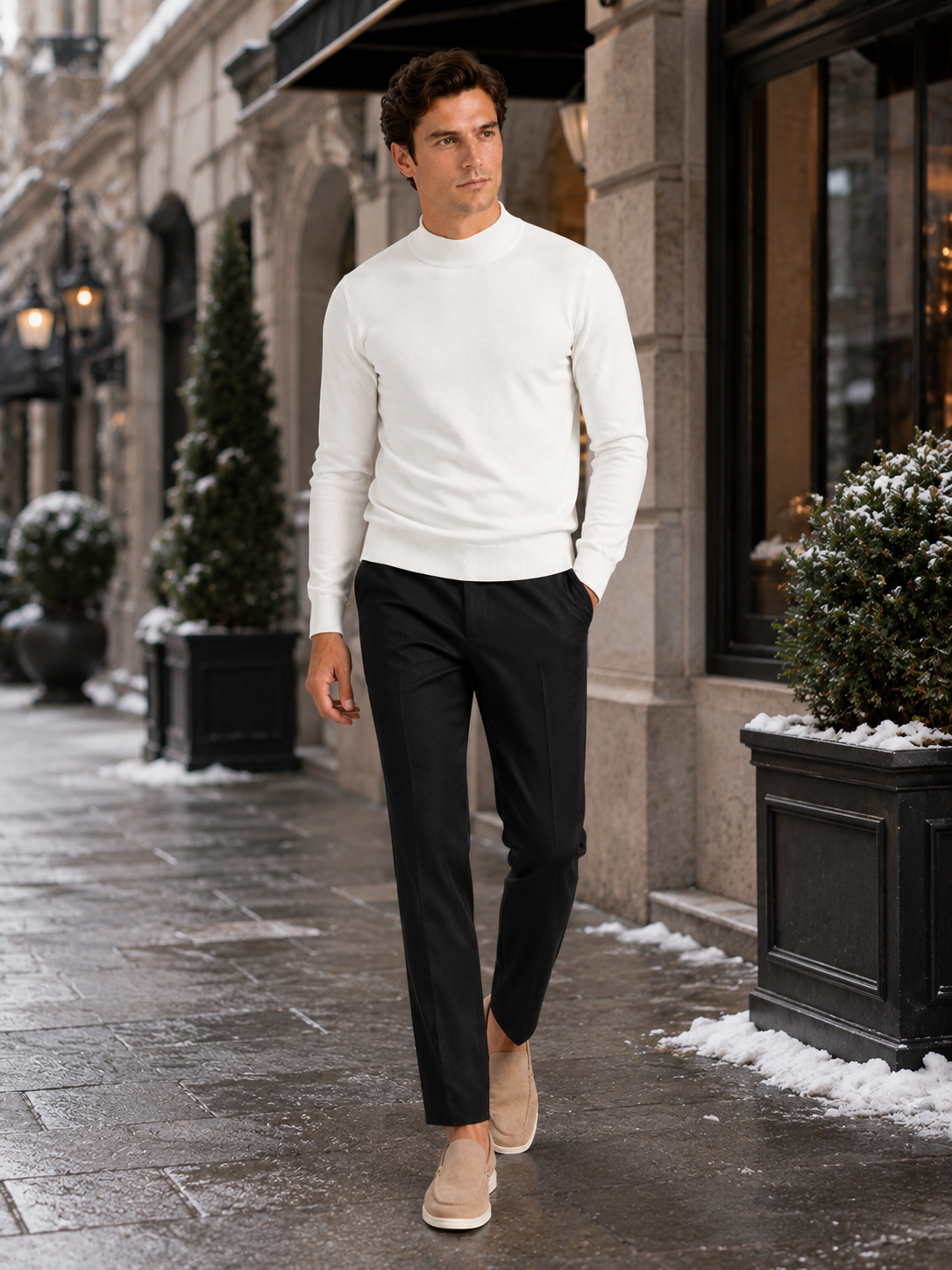 Men's slim fit mock neck sweater – White lifestyle view – Edward & Lawsen