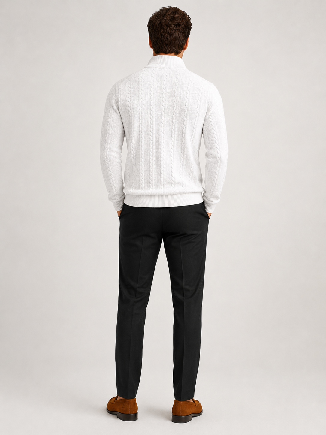 Men's jacquard quarter-zip sweater – White back view – Edward & Lawsen