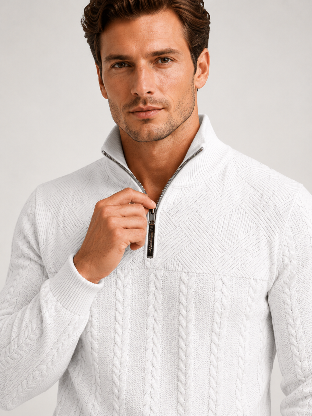 Men's jacquard quarter-zip sweater – White detail view – Edward & Lawsen