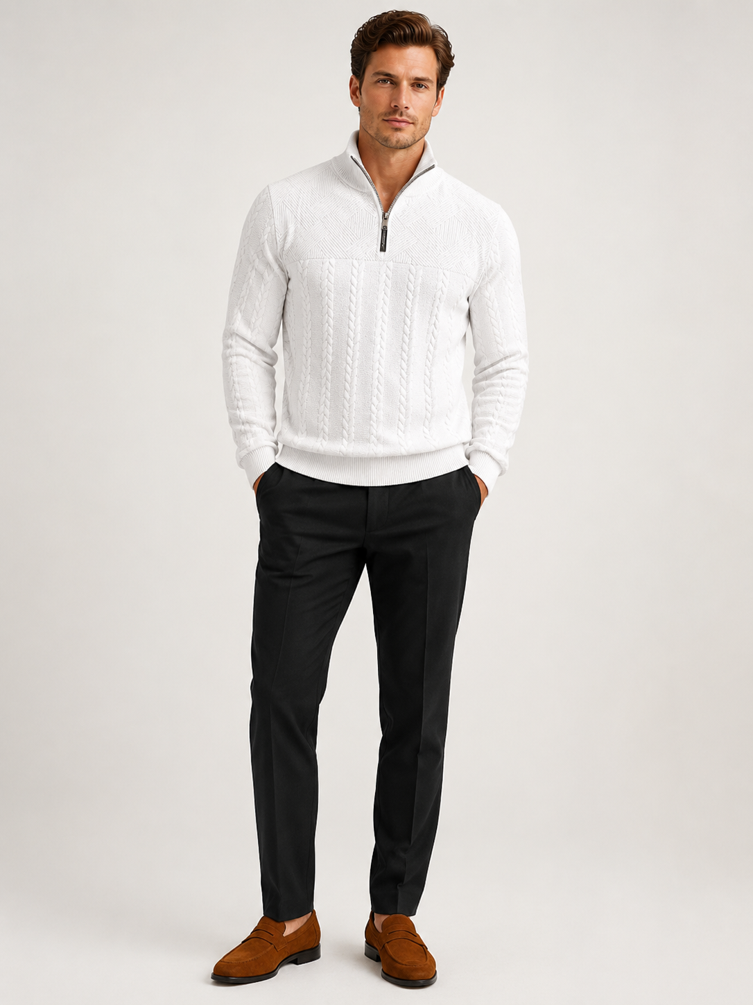Men's jacquard quarter-zip sweater – White full view – Edward & Lawsen