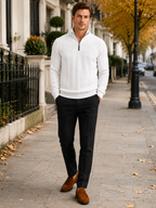 Men's jacquard quarter-zip sweater – White lifestyle view – Edward & Lawsen
