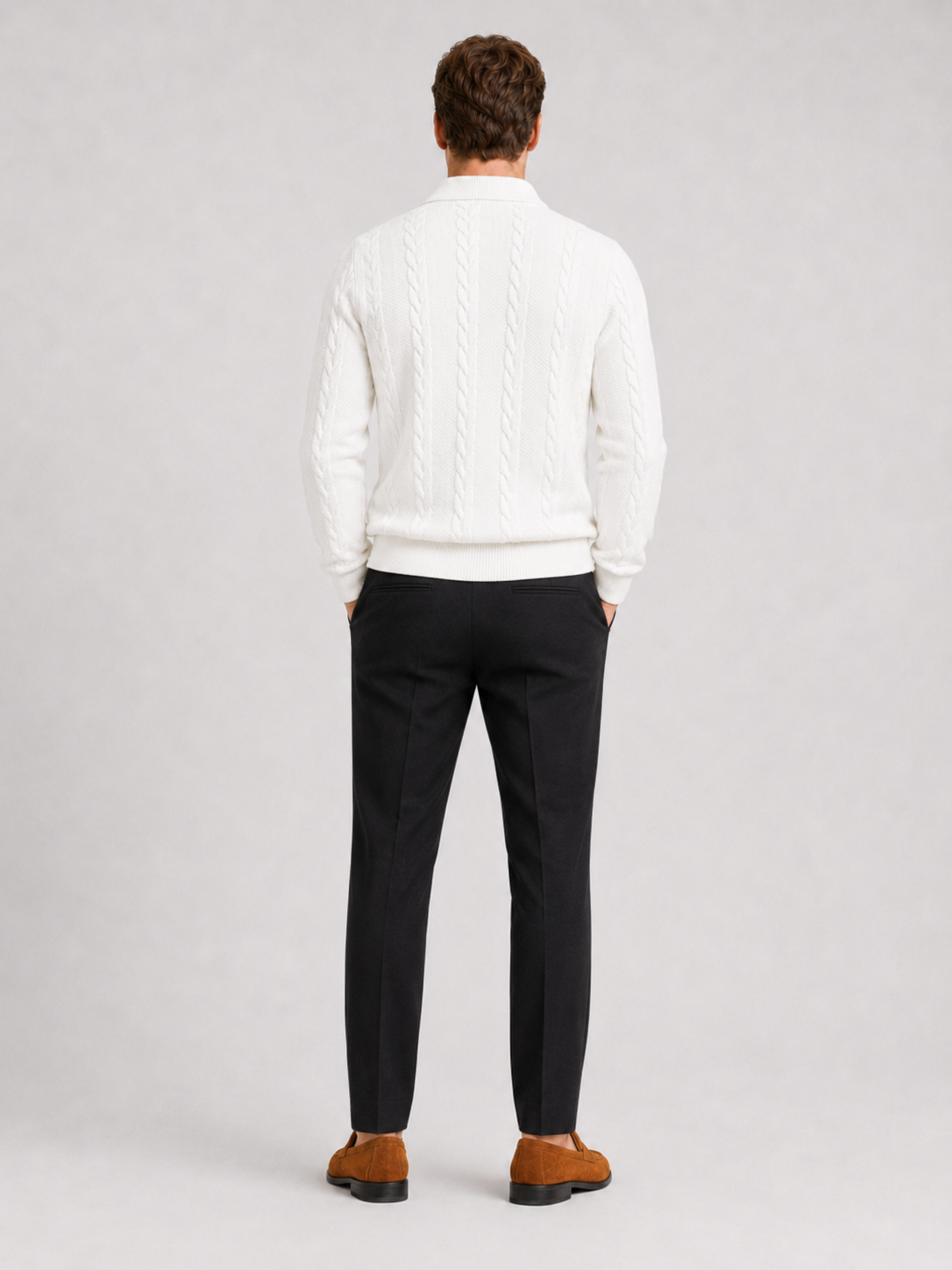 Men's quarter-zip turn-down collar sweater – White back view – Edward & Lawsen