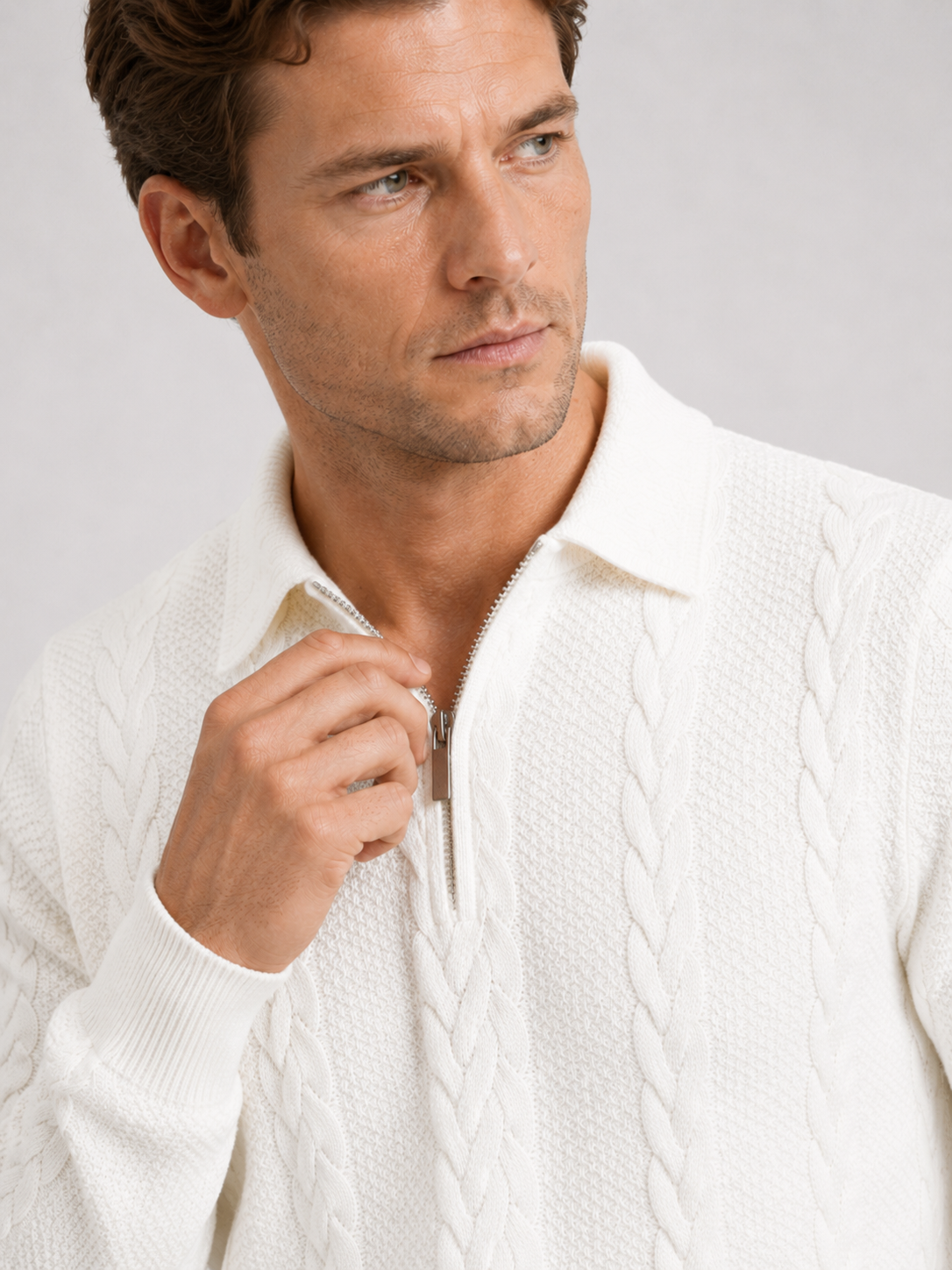 Men's quarter-zip turn-down collar sweater – White detail view – Edward & Lawsen