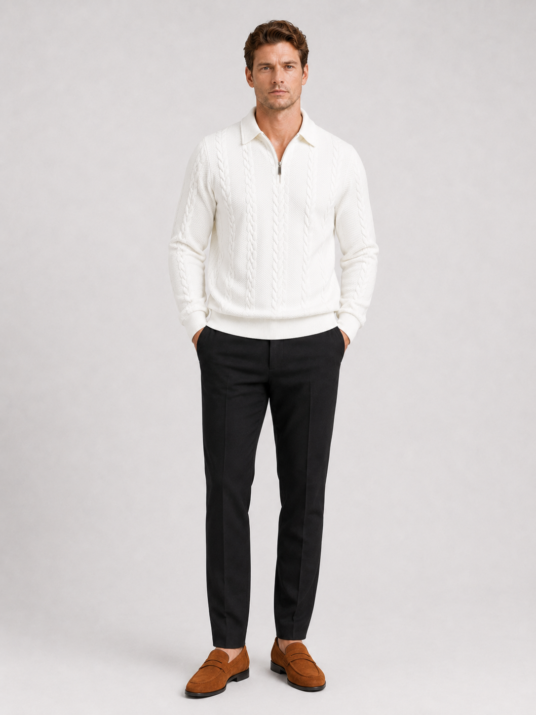 Men's quarter-zip turn-down collar sweater – White full view – Edward & Lawsen