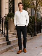 Men's quarter-zip turn-down collar sweater – White lifestyle view – Edward & Lawsen