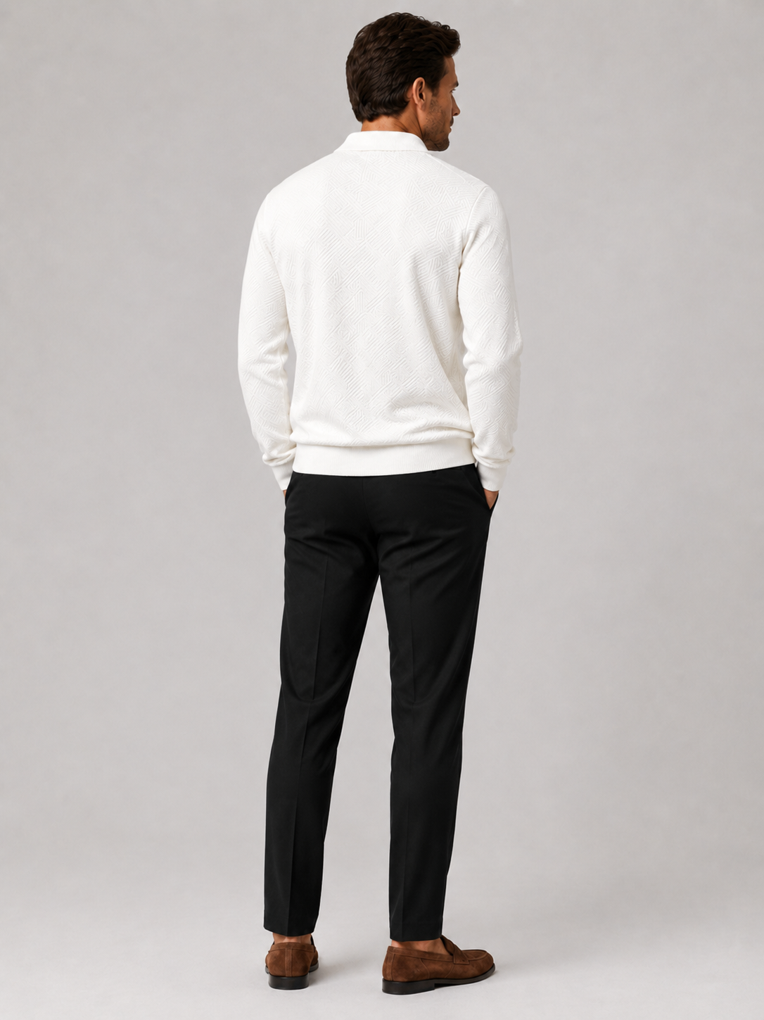 Men's quarter zip polo sweater – White back view – Edward & Lawsen