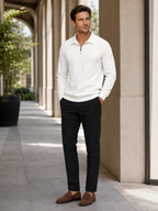 Men's quarter zip polo sweater – White lifestyle view – Edward & Lawsen