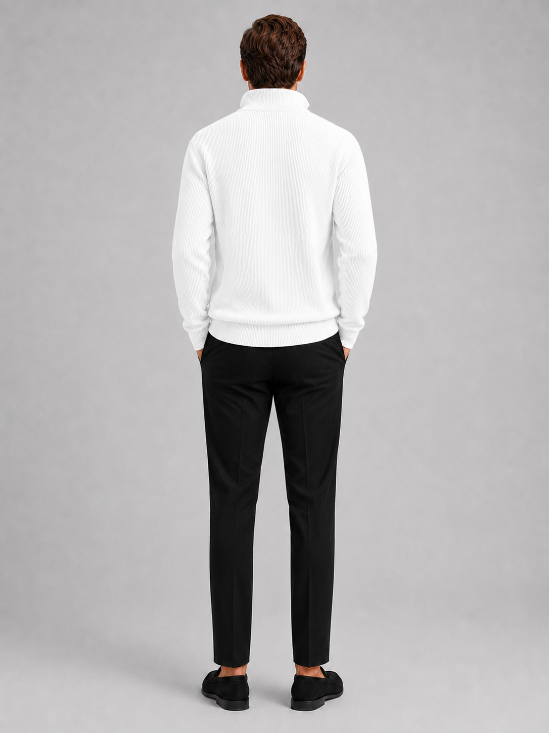 Men's ribbed stand collar quarter-zip sweater – White back view – Edward & Lawsen
