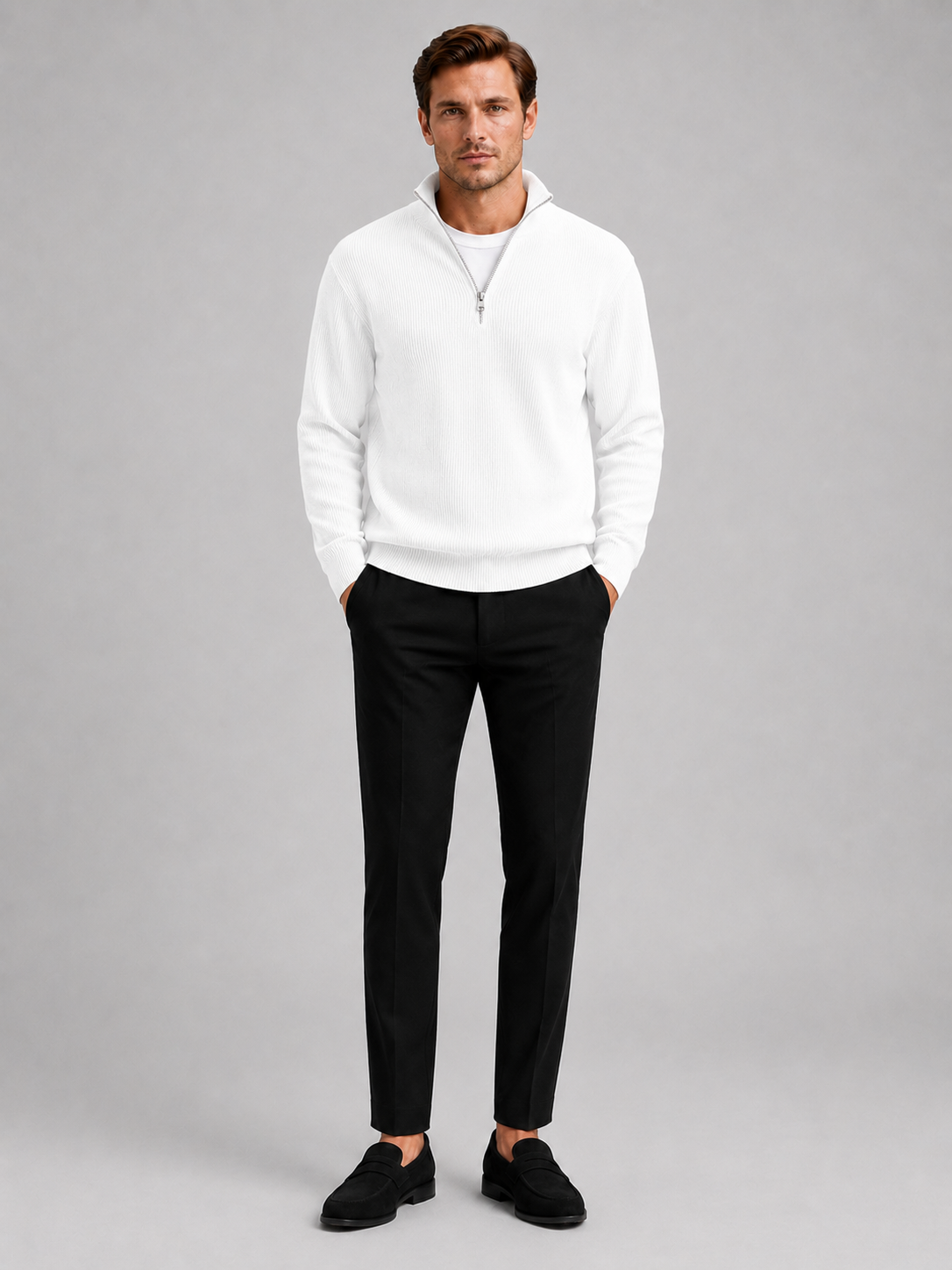 Men's ribbed stand collar quarter-zip sweater – White full view – Edward & Lawsen