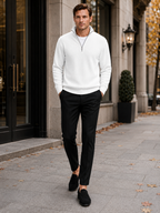 Men's ribbed stand collar quarter-zip sweater – White lifestyle view – Edward & Lawsen