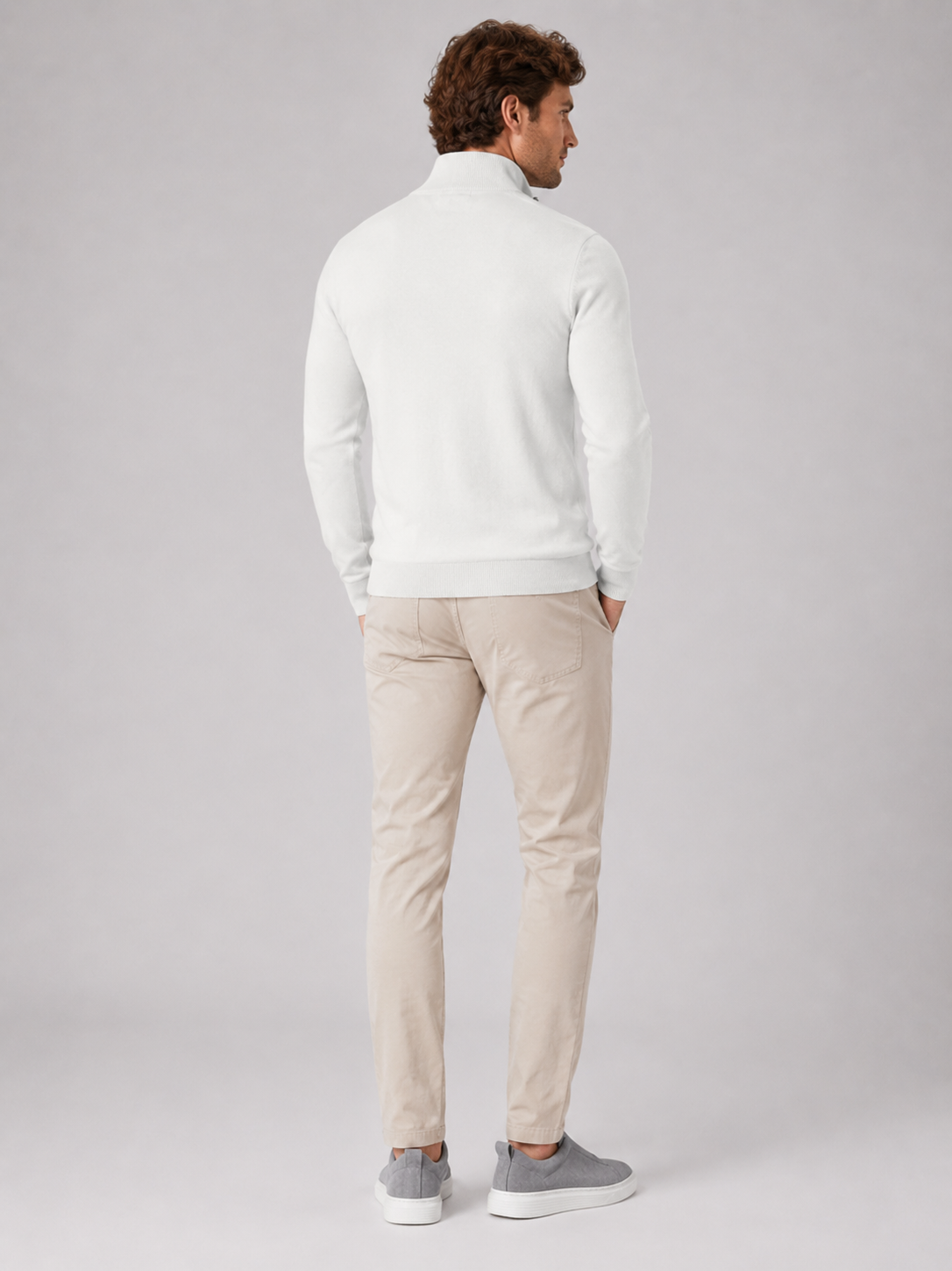 Men's quarter-zip mock neck sweater – White back view – Edward & Lawsen