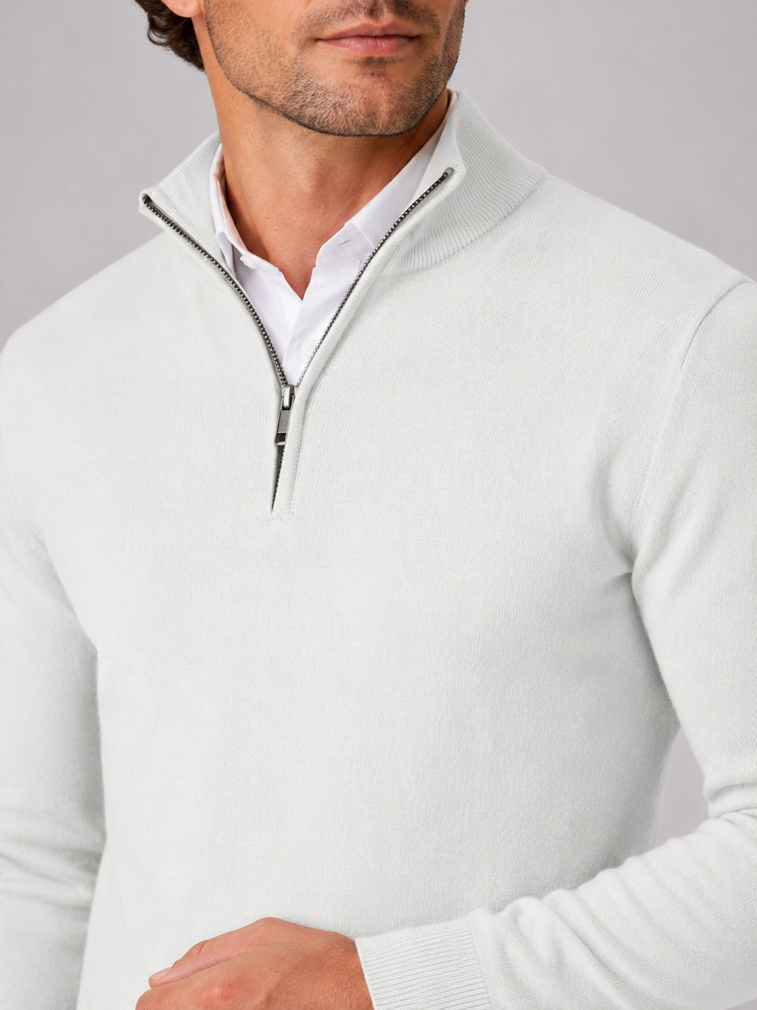 Men's quarter-zip mock neck sweater – White detail view – Edward & Lawsen