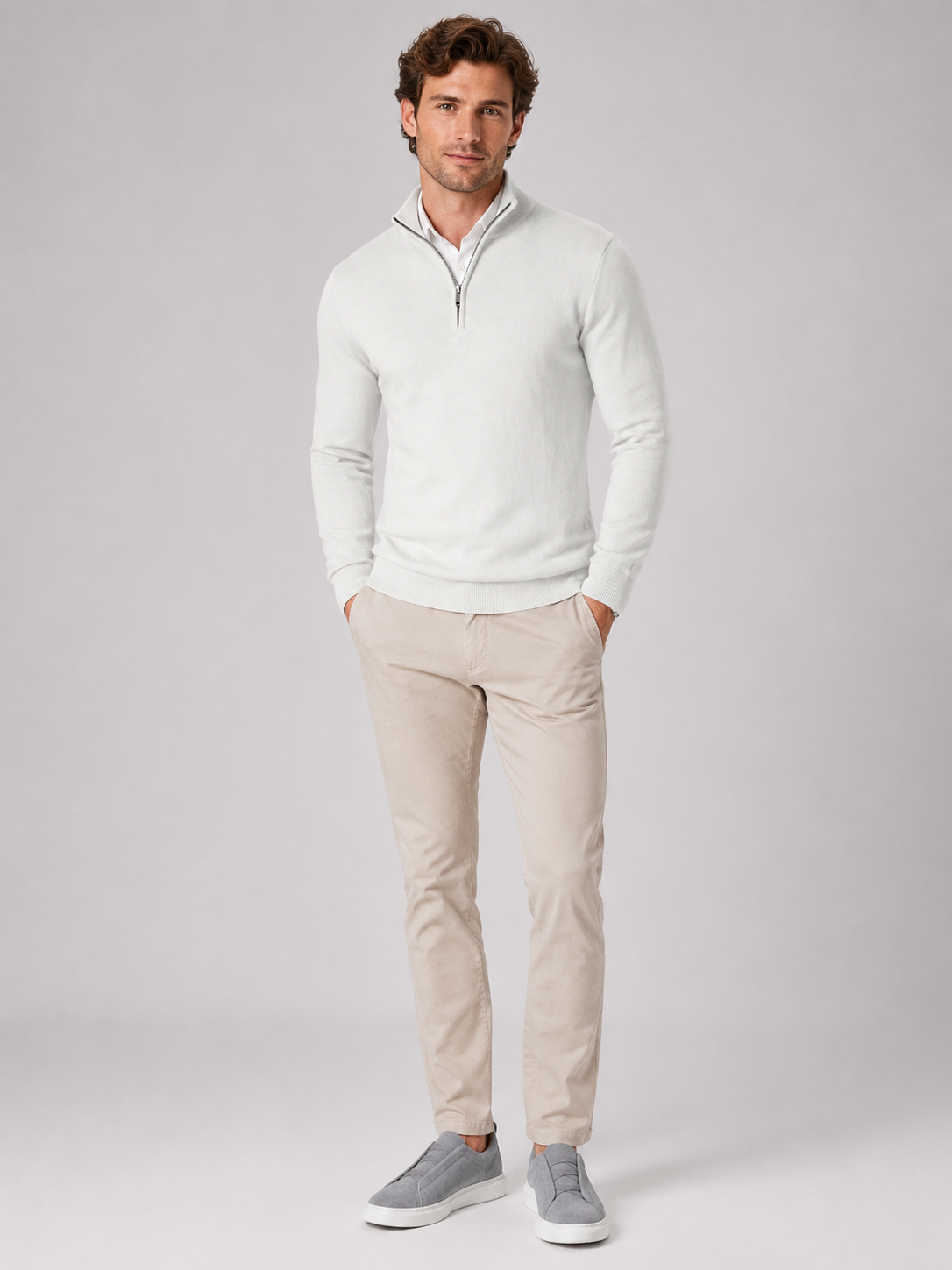 Men's quarter-zip mock neck sweater – White full view – Edward & Lawsen