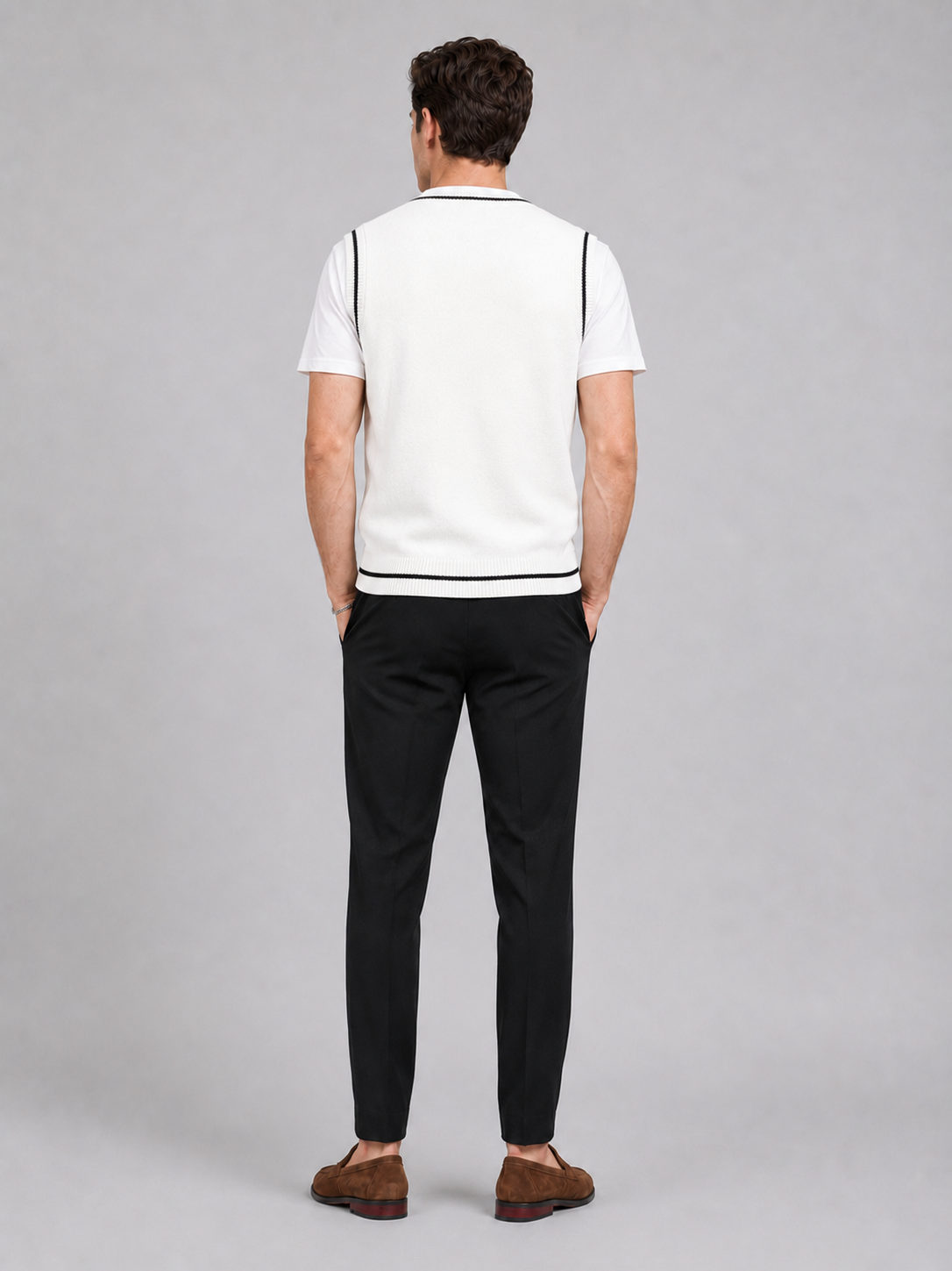 Men's patchwork sweater vest – White back view – Edward & Lawsen
