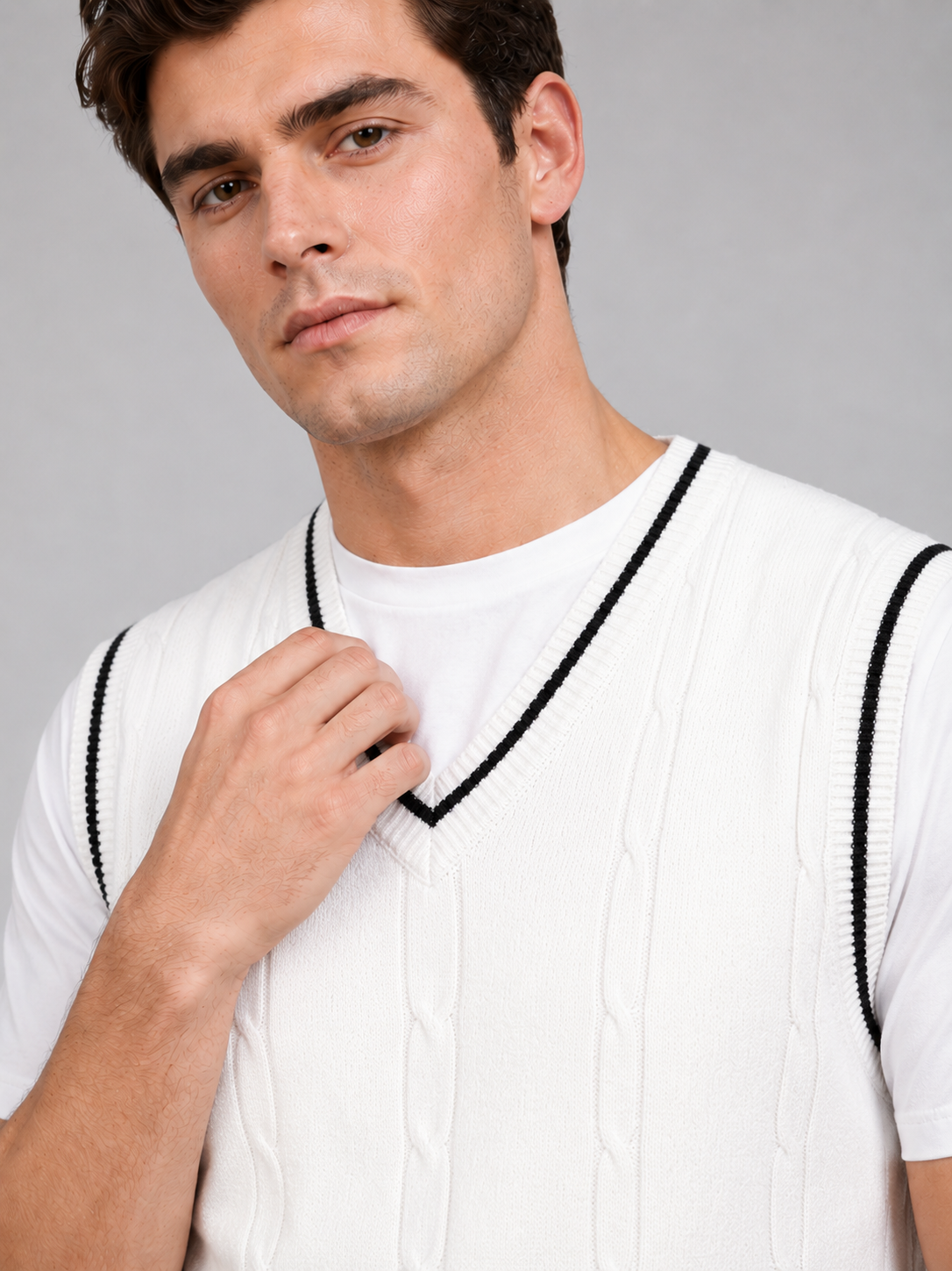 Men's patchwork sweater vest – White detail view – Edward & Lawsen