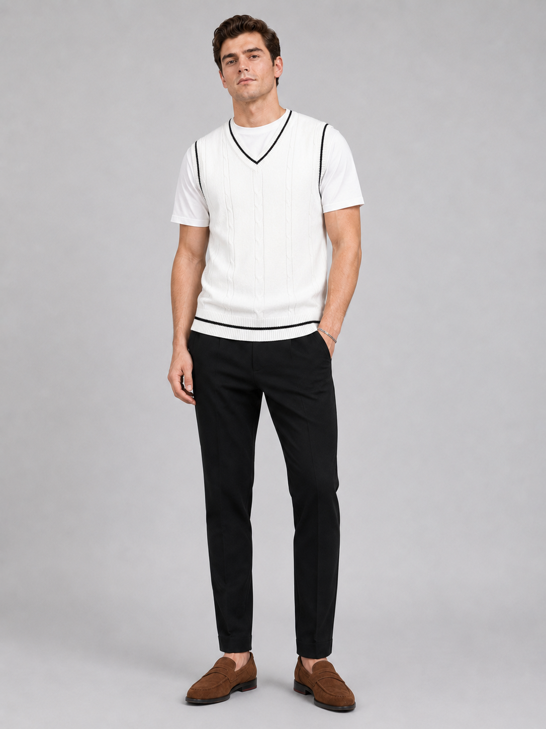 Men's patchwork sweater vest – White full view – Edward & Lawsen
