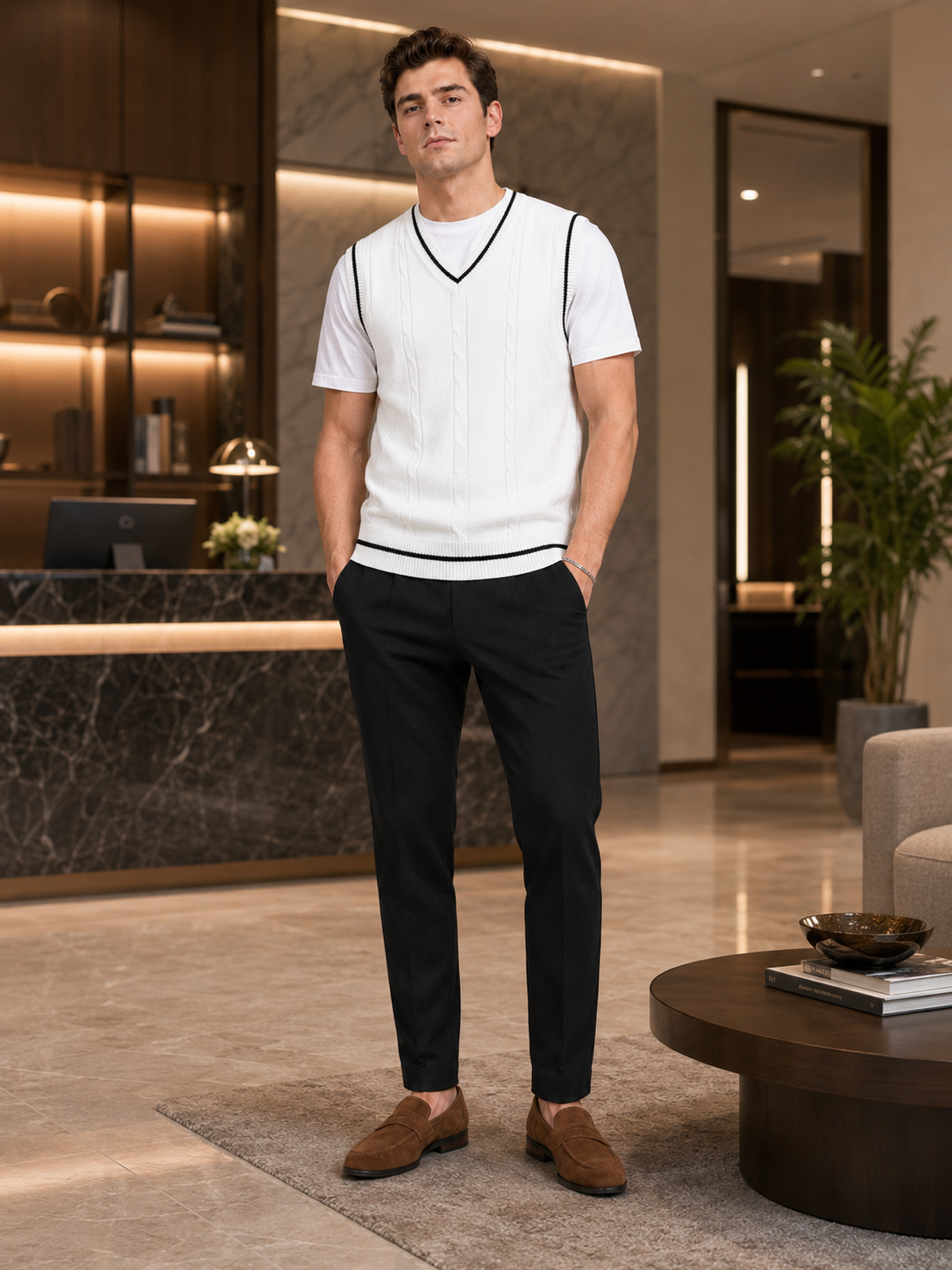 Men's patchwork sweater vest – White lifestyle view – Edward & Lawsen