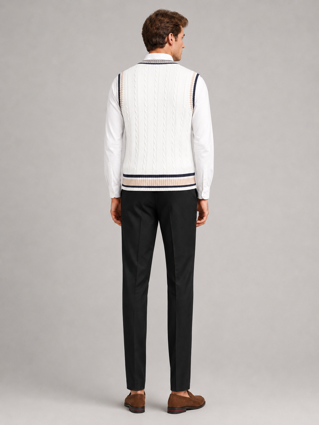 Men's striped preppy sweater vest – White back view – Edward & Lawsen