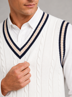 Men's striped preppy sweater vest – White detail view – Edward & Lawsen