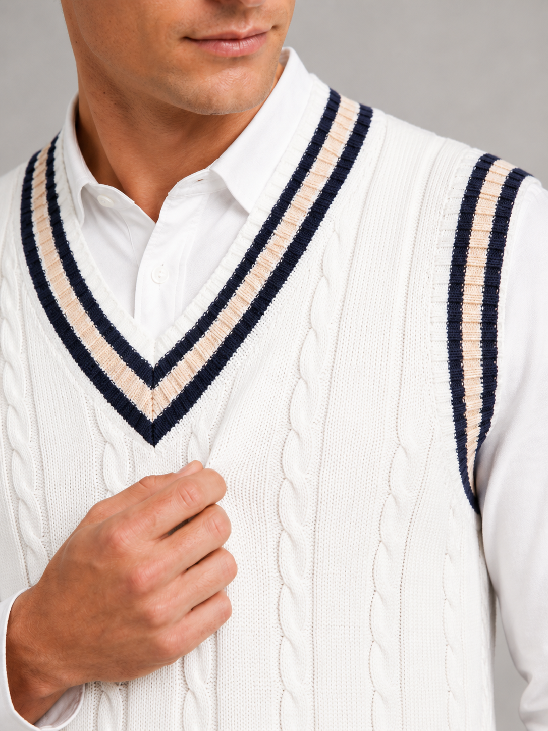 Men's striped preppy sweater vest – White detail view – Edward & Lawsen