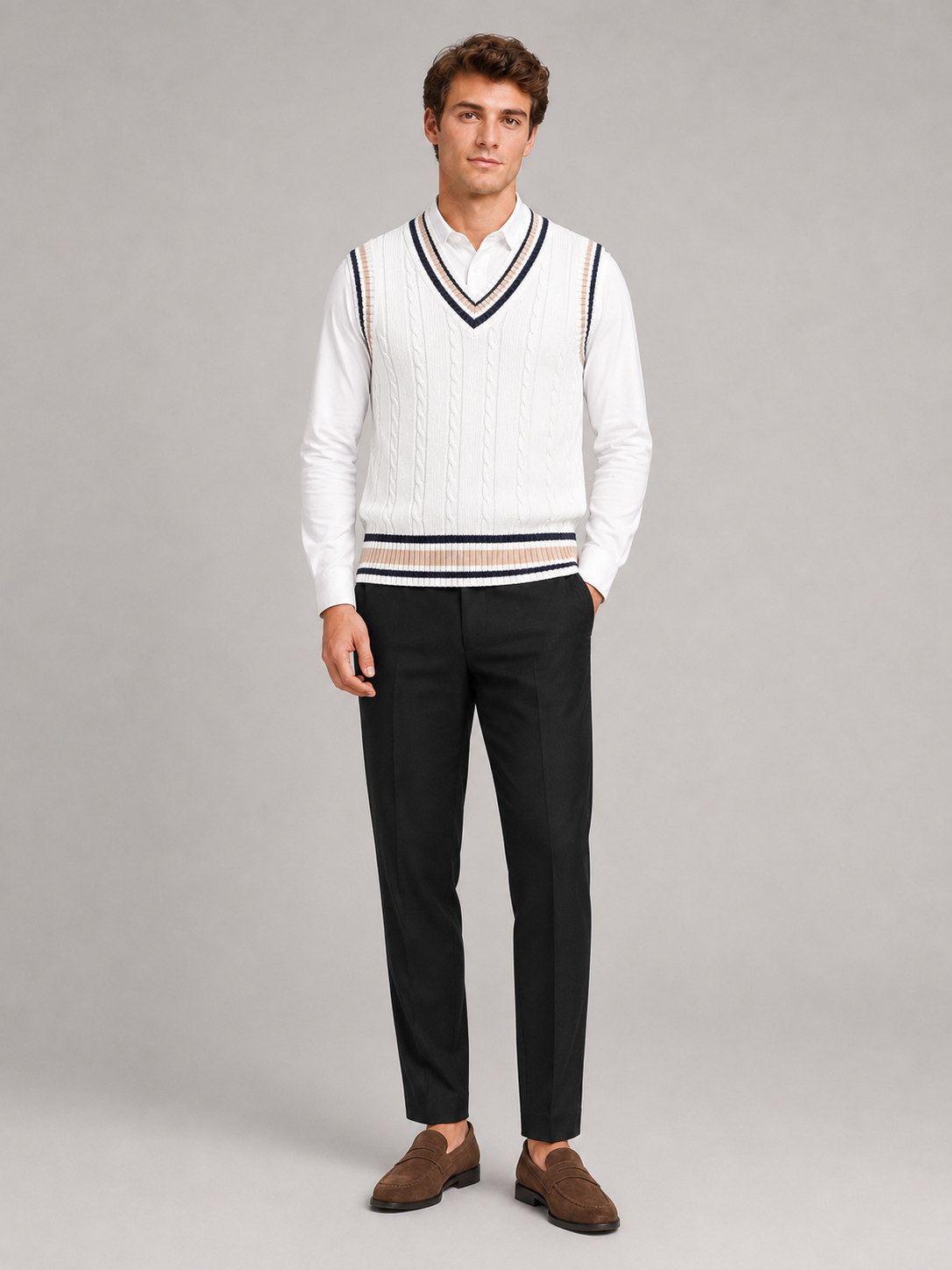 Men's striped preppy sweater vest – White full view – Edward & Lawsen