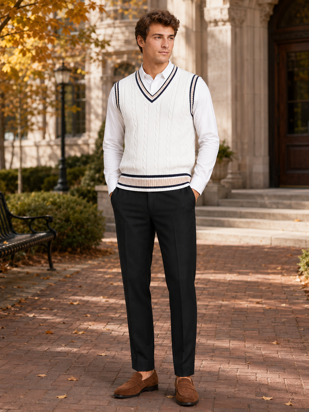 Men's striped preppy sweater vest – White lifestyle view – Edward & Lawsen