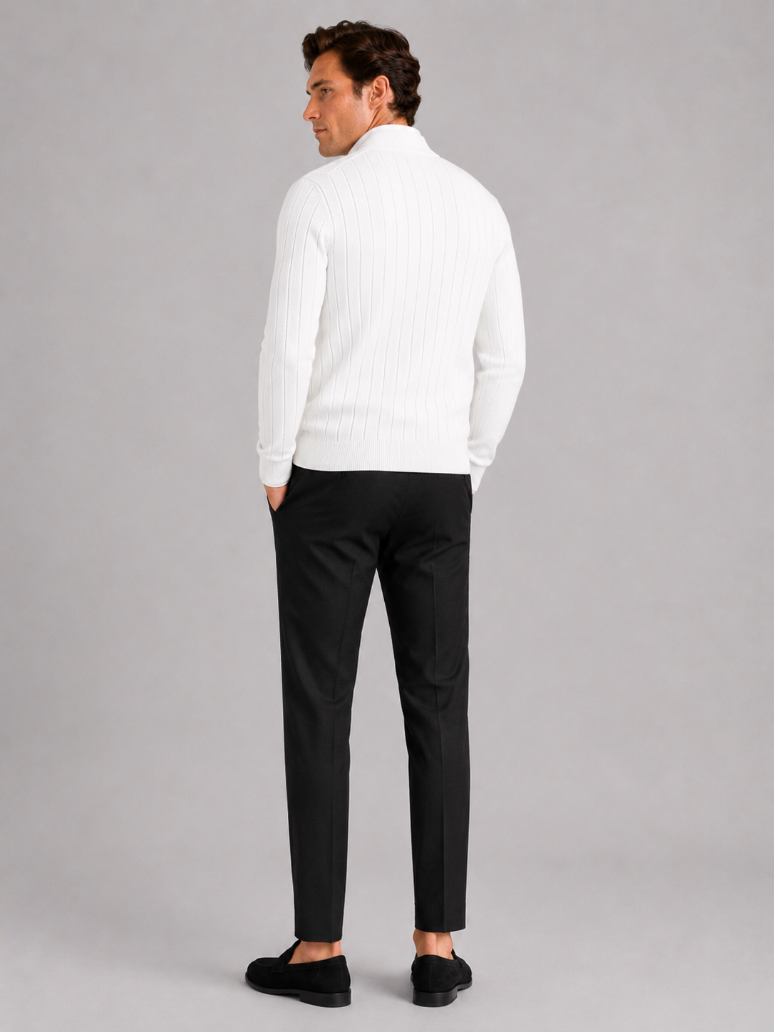 Men's V-neck cardigan – White back view – Edward & Lawsen