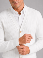Men's V-neck cardigan – White detail view – Edward & Lawsen
