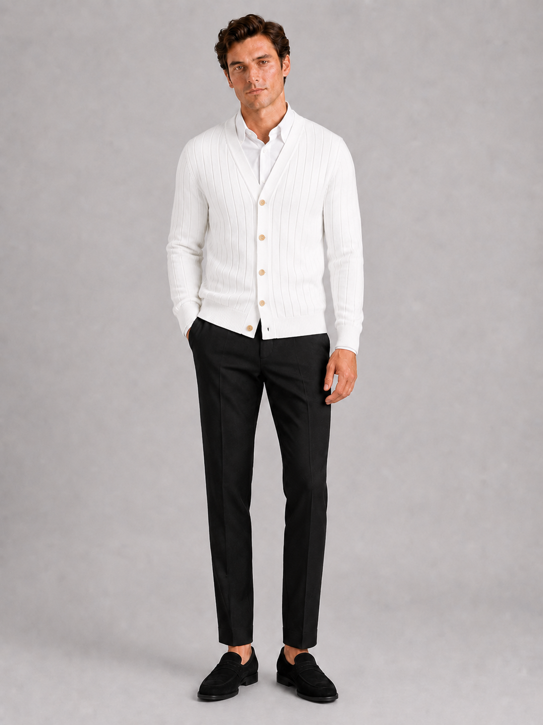 Men's V-neck cardigan – White full view – Edward & Lawsen