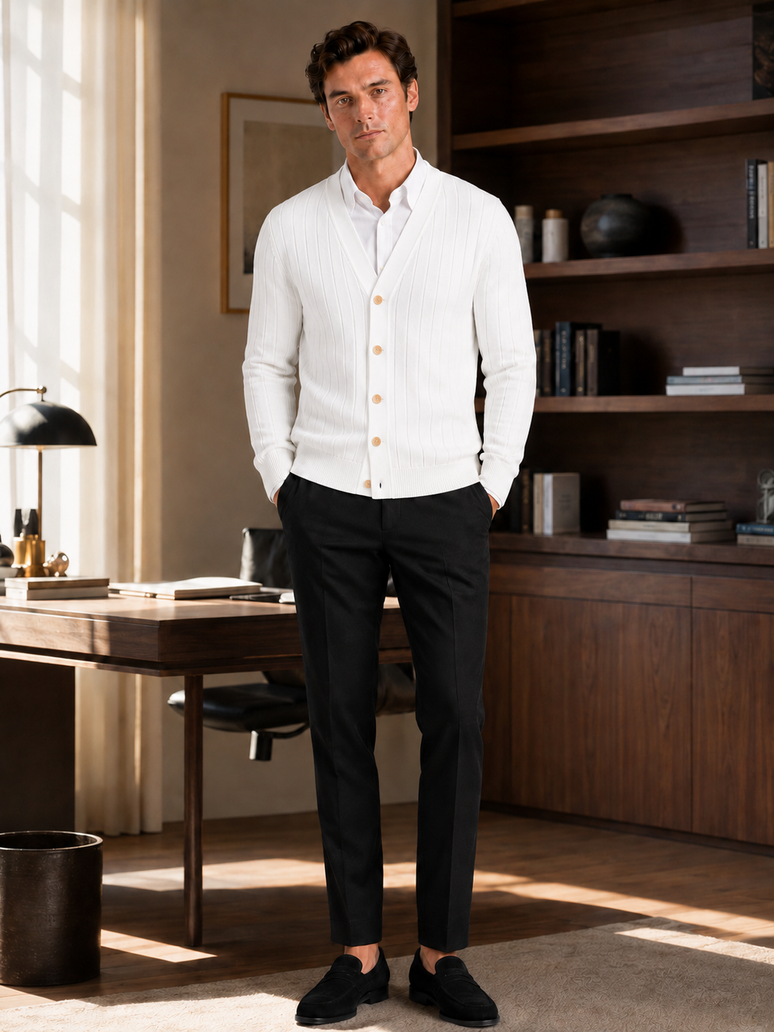 Men's V-neck cardigan – White lifestyle view – Edward & Lawsen