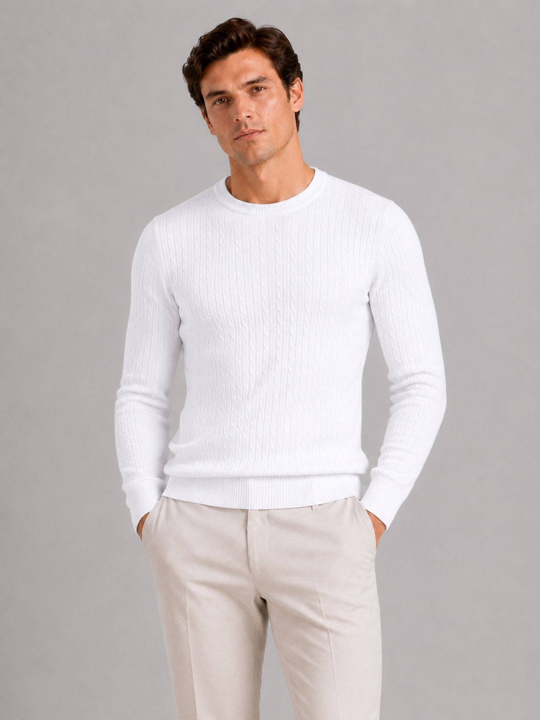 Men's cable knit crew neck sweater – White front view – Edward & Lawsen