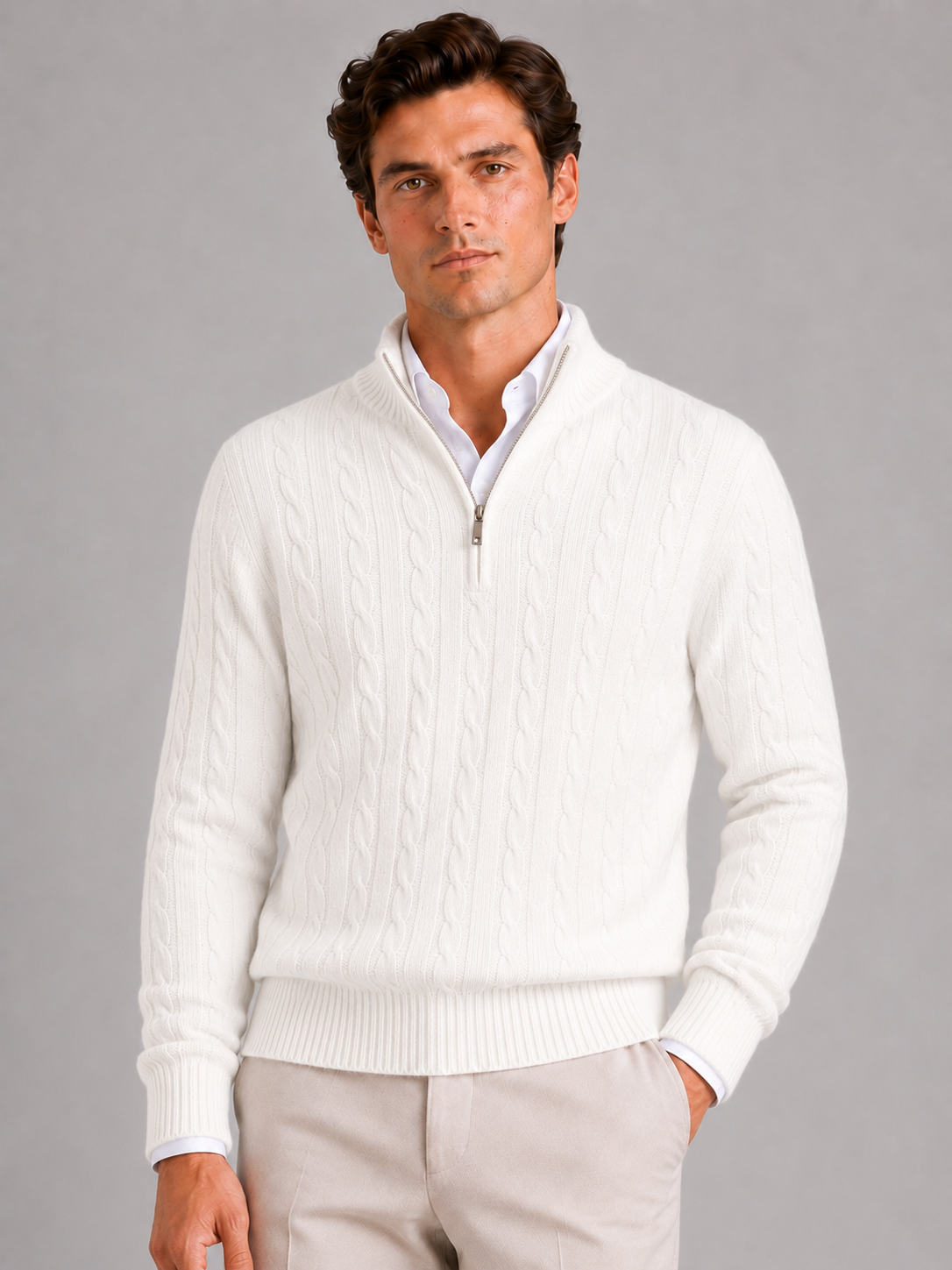 Men's cashmere quarter-zip mock neck sweater – White front view – Edward & Lawsen