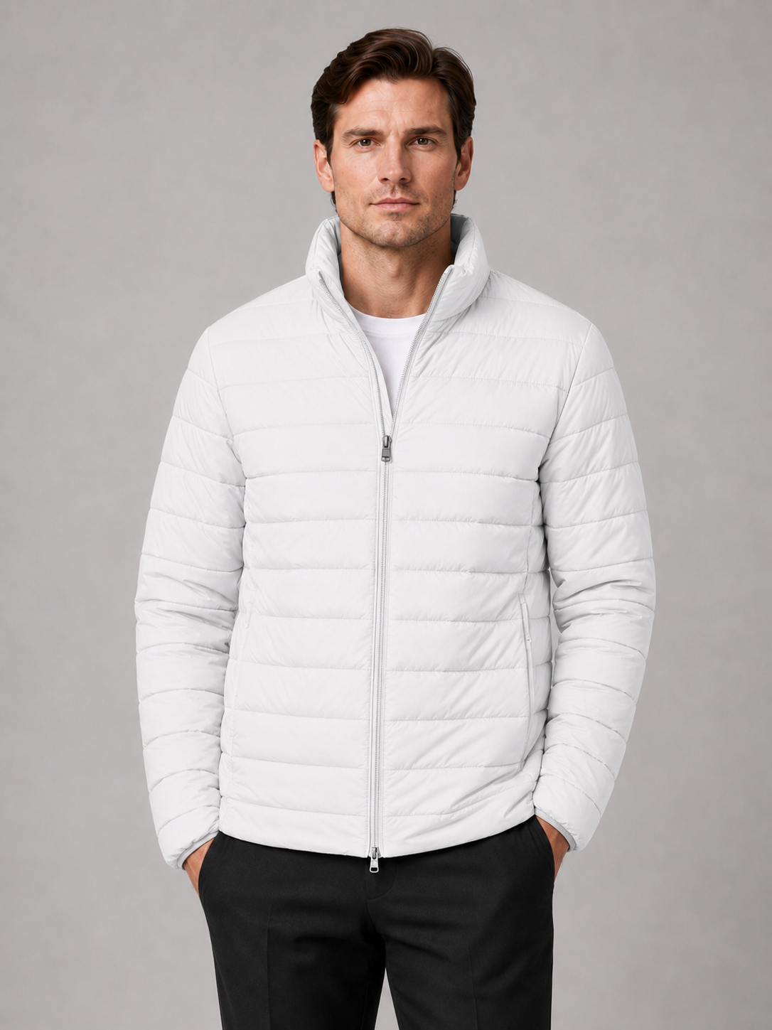 Men's puffer jacket – White front view – Edward & Lawsen