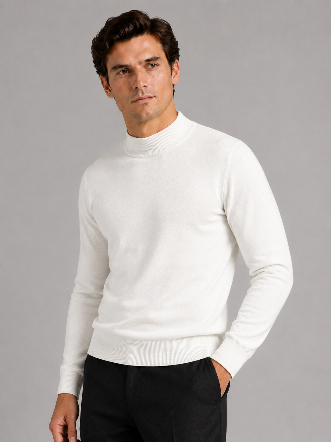 Men's slim fit mock neck sweater – White front view – Edward & Lawsen