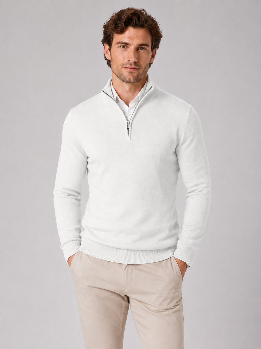 Men's quarter-zip mock neck sweater – White front view – Edward & Lawsen