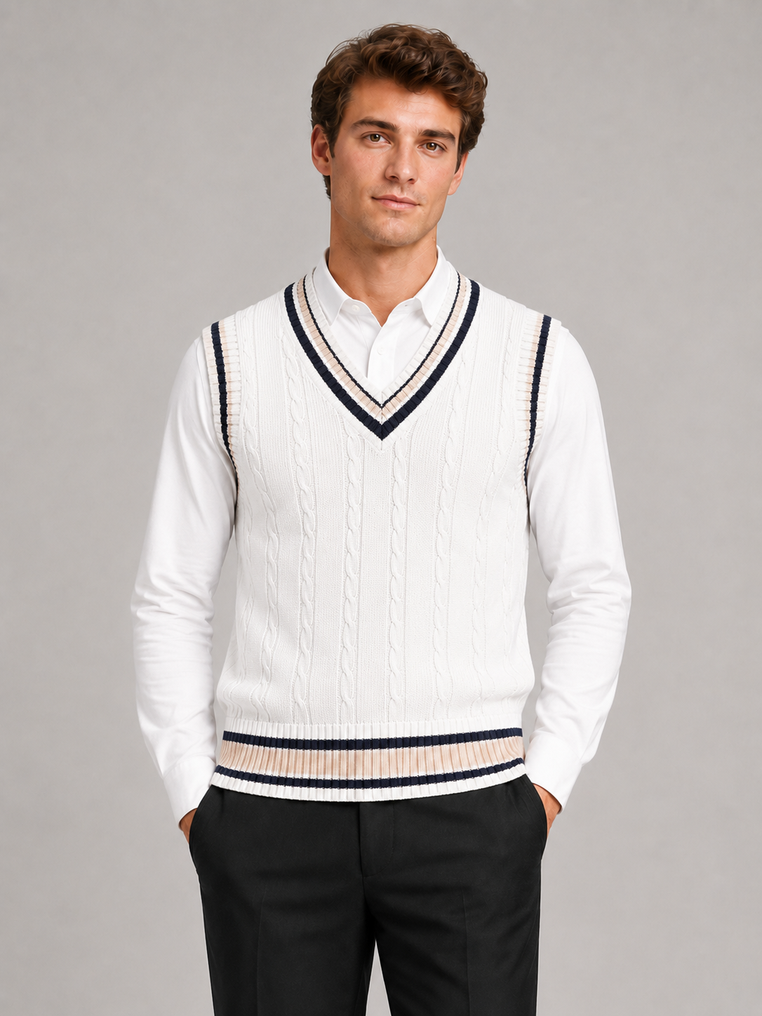 Men's striped preppy sweater vest – White front view – Edward & Lawsen