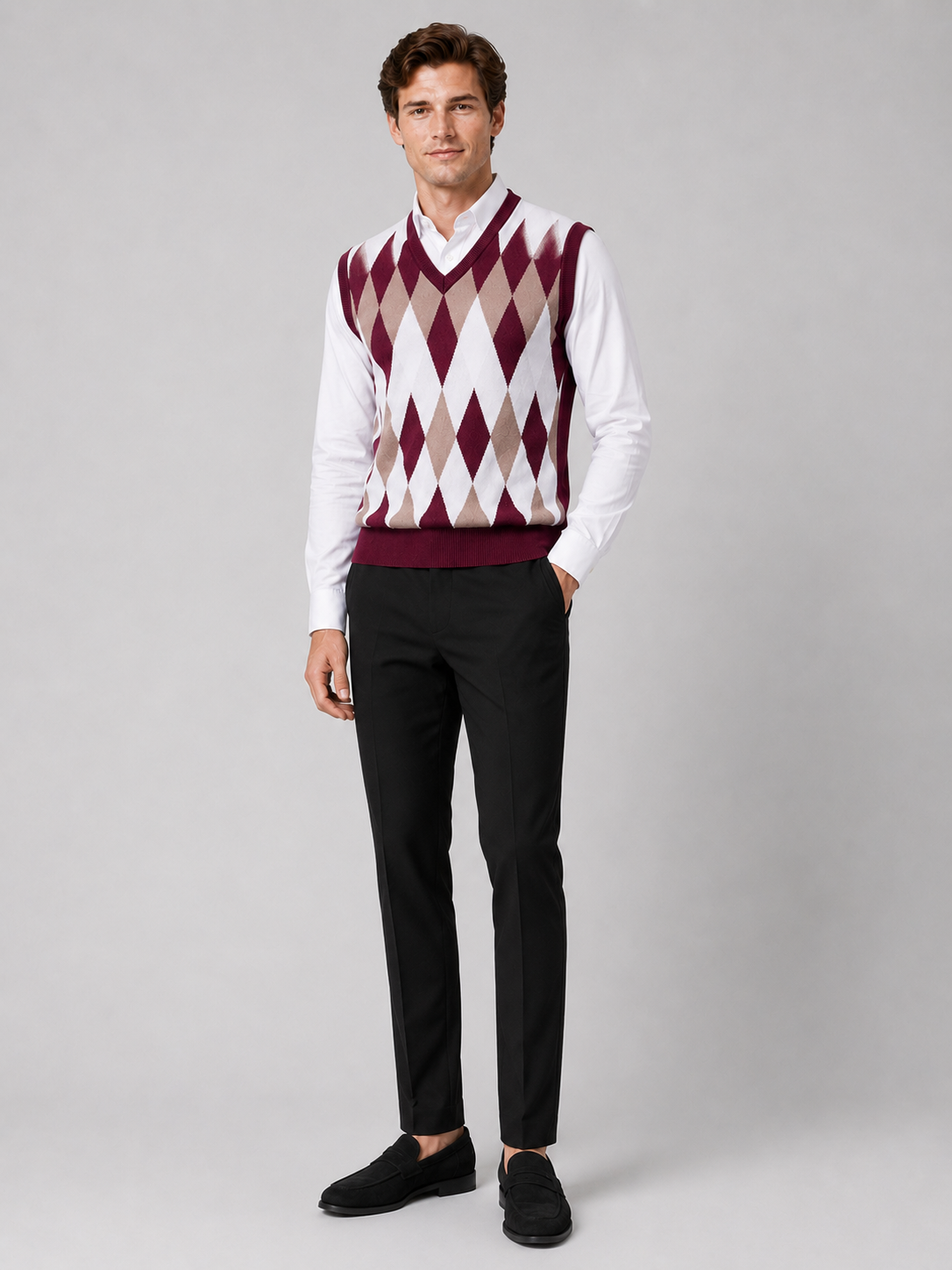 Men's argyle sweater vest – Wine full view – Edward & Lawsen