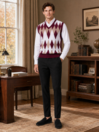 Men's argyle sweater vest – Wine lifestyle view – Edward & Lawsen