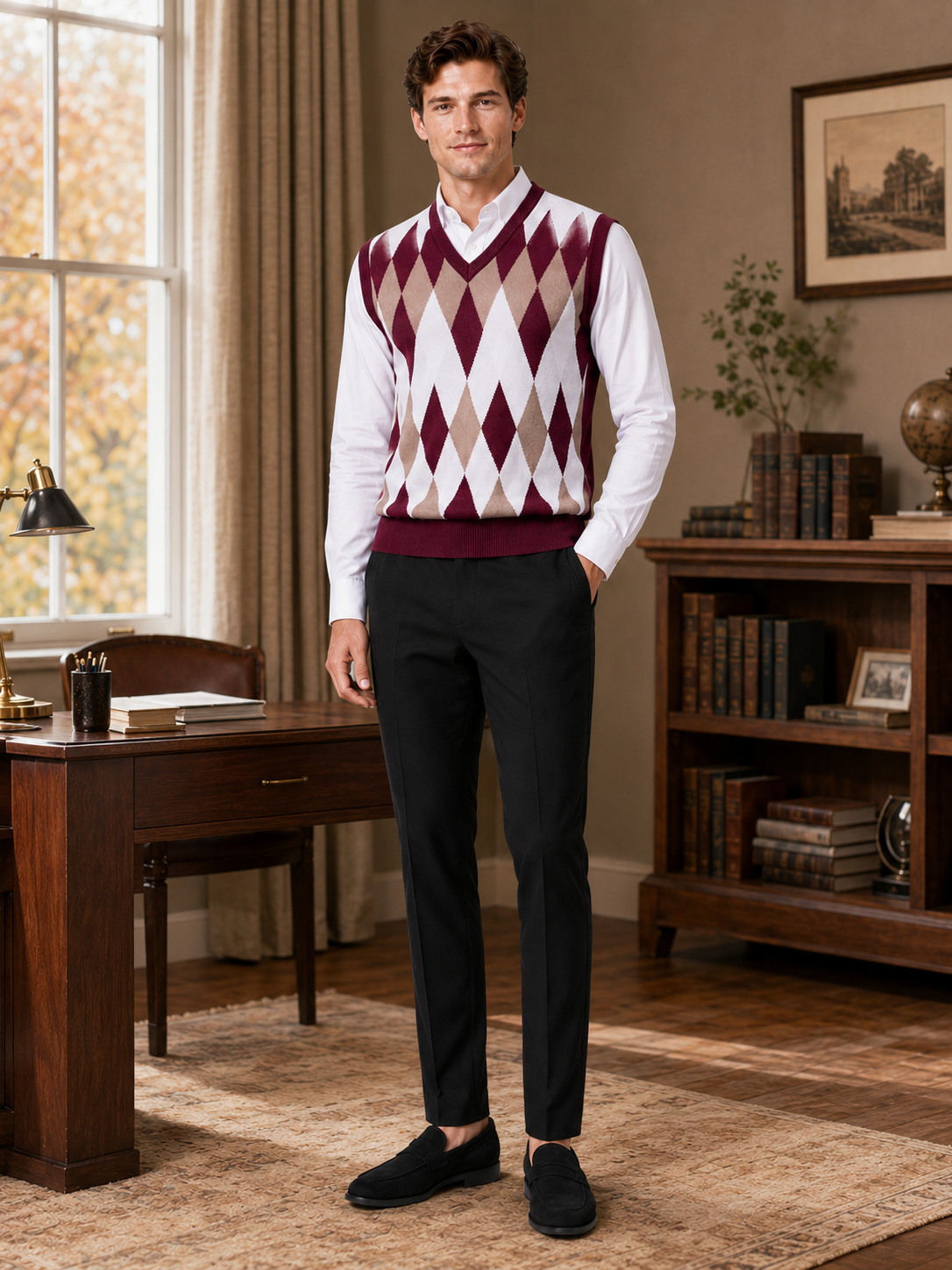 Men's argyle sweater vest – Wine lifestyle view – Edward & Lawsen