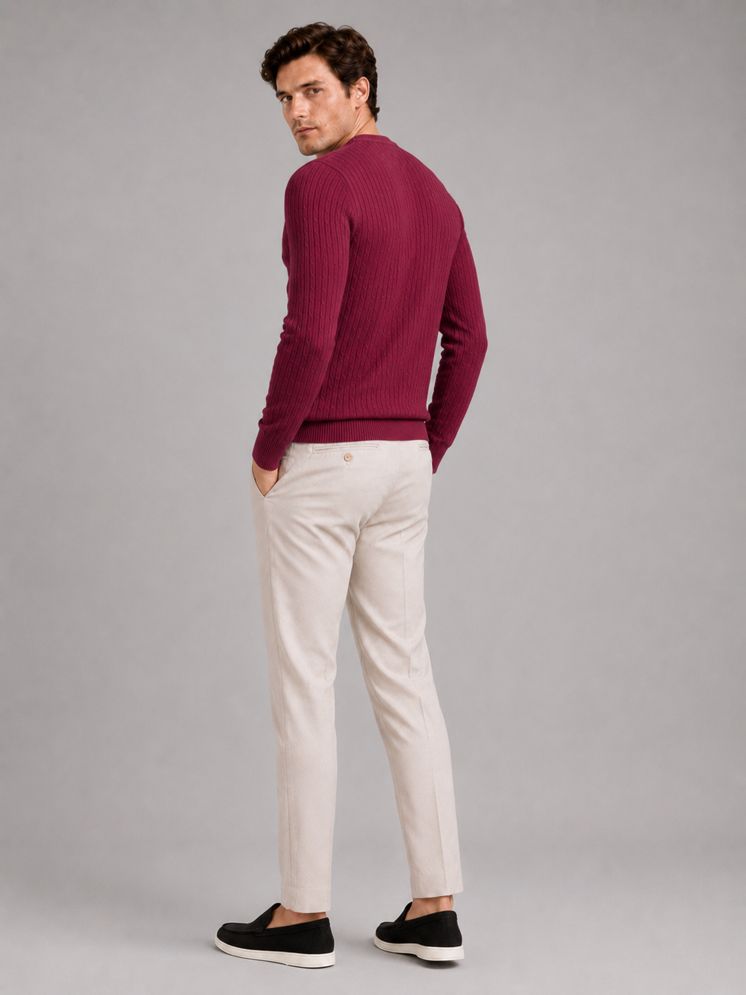 Men's cable knit crew neck sweater – Wine back view – Edward & Lawsen
