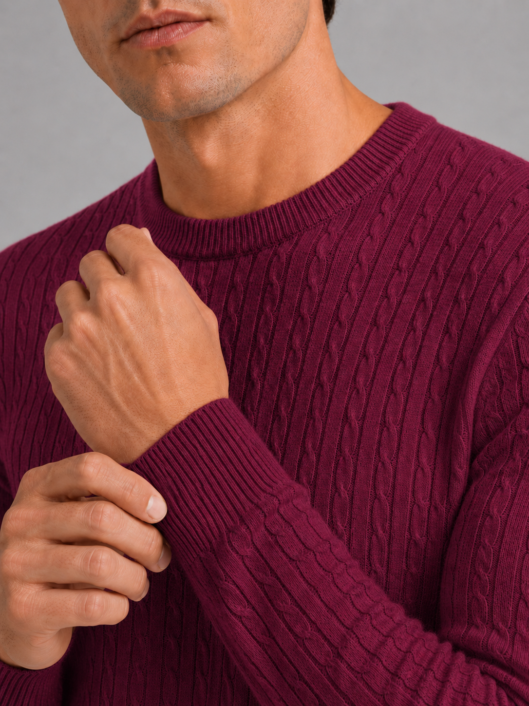Men's cable knit crew neck sweater – Wine detail view – Edward & Lawsen